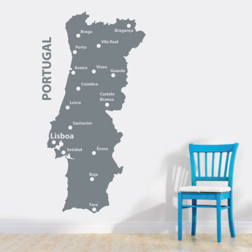 Mapa de Portugal em vinil autocolante decorativo de parede.