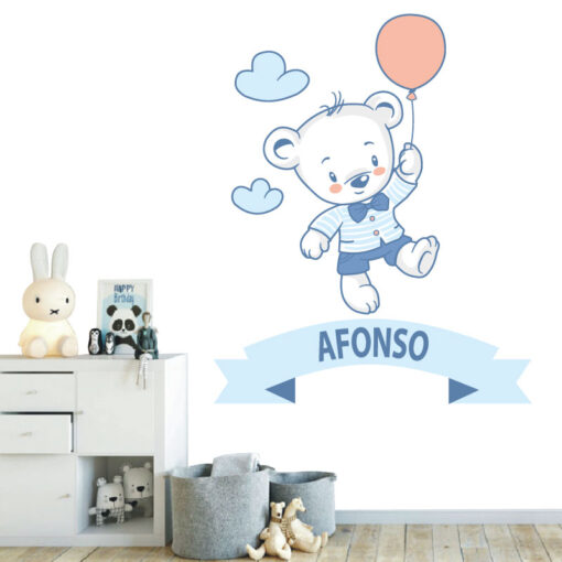 Ursinho autocolante infantil personalizado com nome, autocolante para decoração de quartos de criança. Impresso e recortado a volta