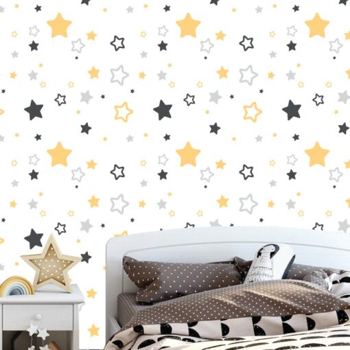 Papel de parede com Estrelas amarelas e cinza infantil em vinil autocolante decorativo